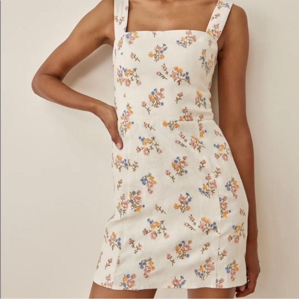 Reformation Cream Floral Square-Neck Mini Dress